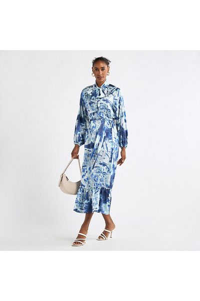 FAV All-Over Print Shirt Dress with Long Sleeves and Flounce Hem