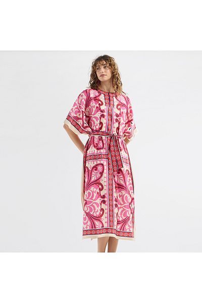 FAV All-Over Print Round Neck Kaftan Dress with Tie-Up Belt and Slit Detail