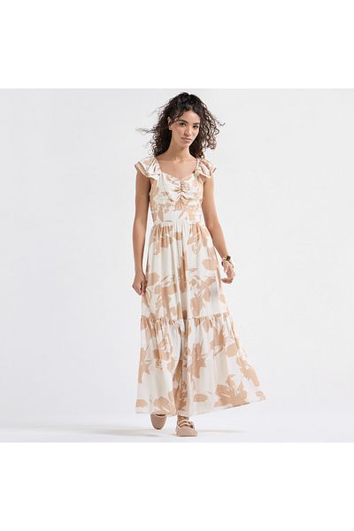 FAV Printed Maxi Dress with Sweetheart Neck and Ruffle Sleeves