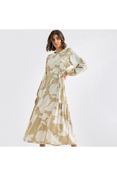 FAV Printed Dress with Long Sleeves and Tie-Ups