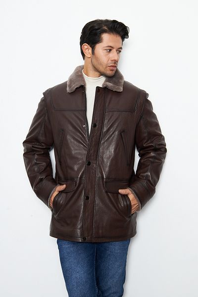 By Marki Marki Men's Brown Vintage Leather Coat - Genuine Leather, Fur Lining, Zippered and Snap Fastener