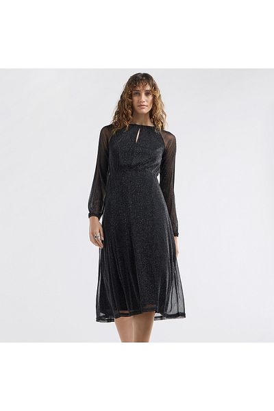 FAV Textured A-line Dress with Keyhole Neck and Long Sleeves
