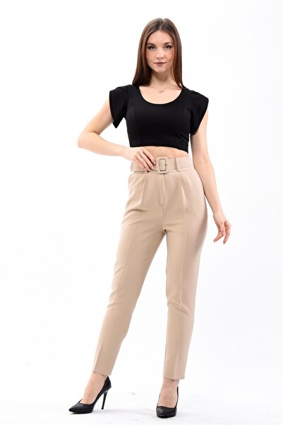 KAŞİHA Kadın Dar Paça Klasik Kemerli Kumaş Pantolon - Taş