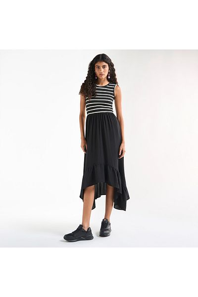 FAV Striped Sleeveless Dress with Round Neck and Asymmetrical Hemline