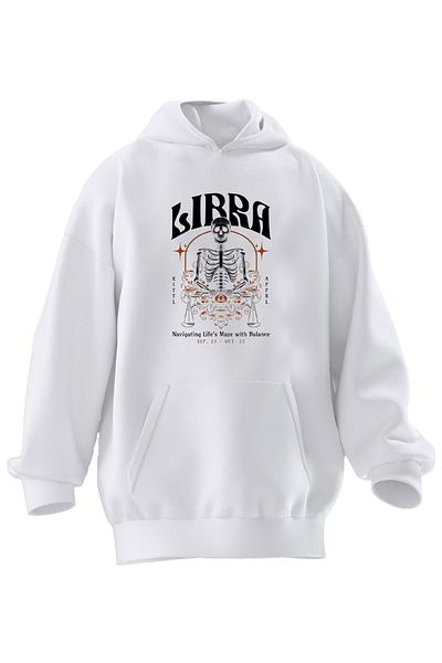NMG TEKSTİL Φούτερ με κουκούλα Unisex Premium βαμβακερό λευκό Libra Skull με στάμπα με 3 νήματα