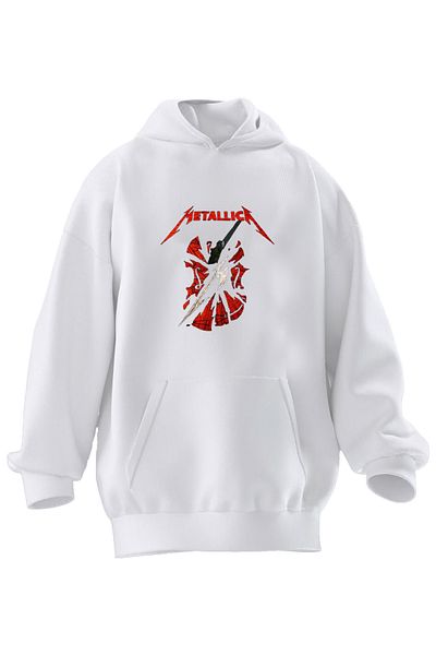 NMG TEKSTİL Φούτερ με κουκούλα Unisex Premium βαμβακερή λευκή κιθάρα Metallica με στάμπα 3 νημάτων