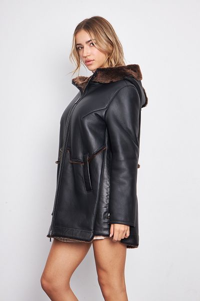 By Marki Marki Women's Black Hooded Fur Coat Zippered, 80 cm