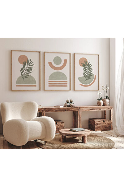 woodhomeworks Yeni Boho Ahşap Çerçeveli 3 Lü Soyut Tablo Home Ev Salon Oturma...
