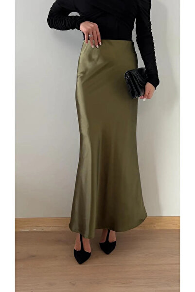 LUFES Kadın Haki Parlak Saten Çan Etek Likralı Beli Lastikli Maxi Boy