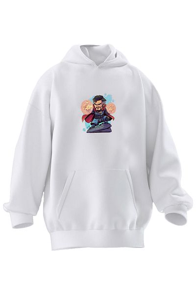 NMG TEKSTİL Hanorac cu glugă unisex din bumbac premium alb cu imprimeu Little Hero cu 3 fire