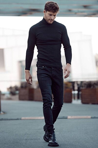 Genel Markalar Unisex Siyah Kalın Fitilli Kaşkorse Şardonlu Slim Fit Balıkçı Yaka Boğazlı Kazak