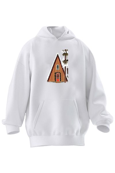 NMG TEKSTİL Φούτερ με κουκούλα Unisex Premium Βαμβακερό Λευκό Τρίγωνο Ξύλινο Σπίτι με στάμπα 3 νημάτων