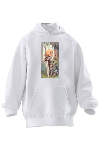 NMG TEKSTİL Φούτερ με κουκούλα Unisex Premium βαμβακερό λευκό κοριτσάκι με σπαθί με στάμπα 3 νημάτων