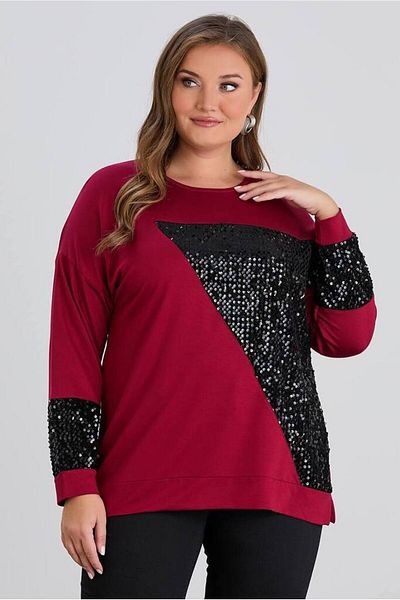 FOR ESRA BIG TREND Women's Plus Size Block Sequin Embroidery Crew Neck Stretchy Blouse