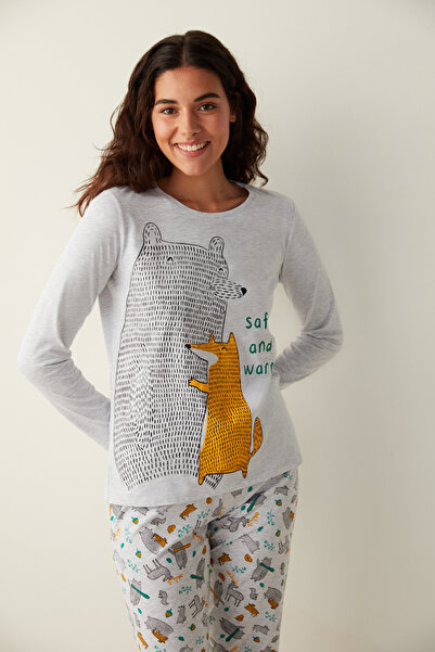 Penti Açık Gri Safe And Warm Slogan Baskılı Pijama Takımı