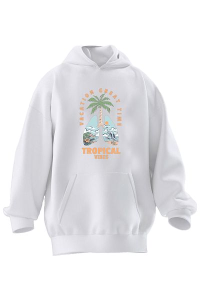 NMG TEKSTİL Hanorac cu glugă unisex din bumbac premium alb cu imprimeu Tropical Vibes cu 3 fire