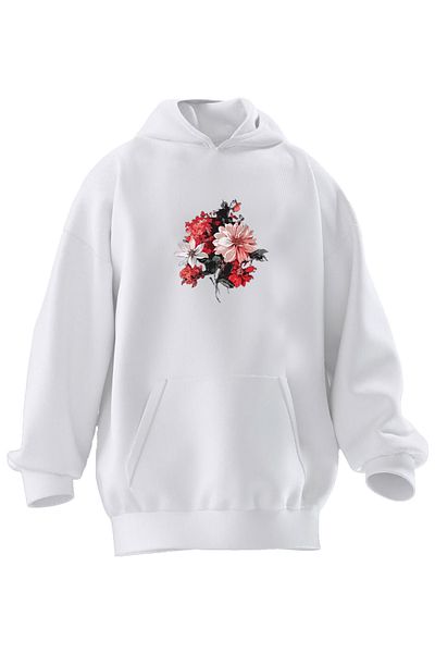 NMG TEKSTİL Hanorac cu glugă unisex din bumbac premium alb cu motive florale imprimate cu 3 fire