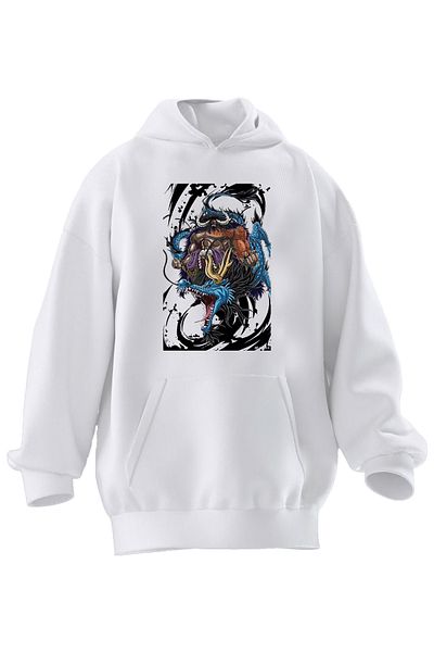 NMG TEKSTİL Φούτερ Unisex Premium Βαμβακερό Λευκό Μπλε Δράκο με κουκούλα με 3 νήματα