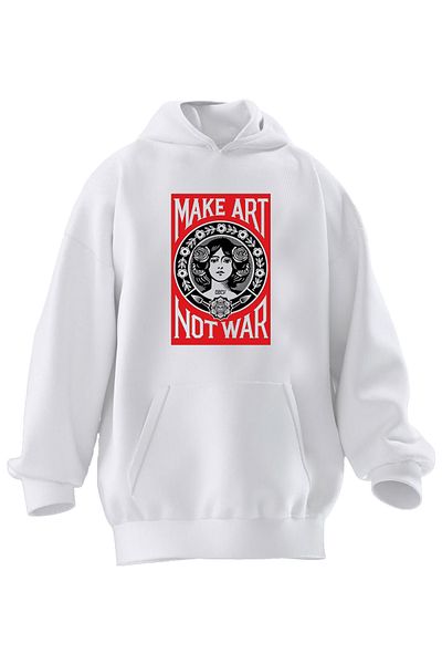 NMG TEKSTİL Φούτερ με κουκούλα Unisex Premium Cotton White Make Art War με στάμπα με 3 νήματα