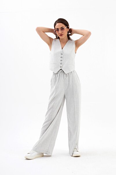 VAPUR TEKSTİL Polyviscon Gray Vest - Detailed with Pockets and Buttons