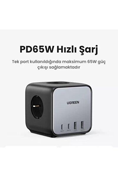 Ugreen Diginest Cube 65w Gan 2 Hızlı Şarj Cihazı 2*usb / 2*type-c 3 Lü Akım Korumalı Küp Grup Priz