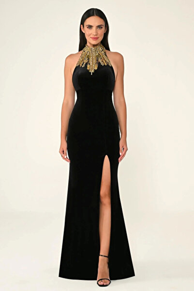 ALFABETA KADİFE HALTER YAKA BOYUN KISMI TAŞ İŞLEME YIRTMAÇLI SIRT DEKOLTELİ Ş...