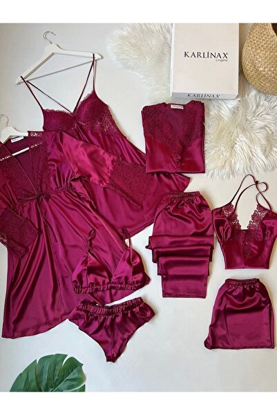 KARLİNAX İpeksi Saten Bordo Dev 8 Parça Gecelik Sabahlık Pijama Çeyiz Seti