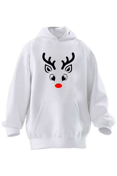 NMG TEKSTİL Φούτερ Unisex Premium Βαμβακερό Λευκό Γλυκό Ελάφι με κουκούλα με 3 νήματα