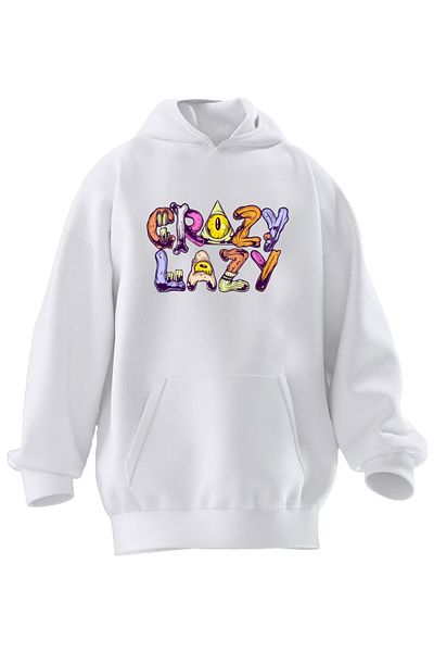 NMG TEKSTİL Φούτερ Unisex Premium Cotton White Crayz Lazy με κουκούλα με 3 νήματα
