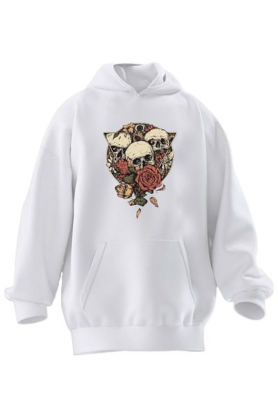 NMG TEKSTİL Unisex Premium Cotton White Dusty Rose Skull Printed 3 Thread Hooded Sweatshirt