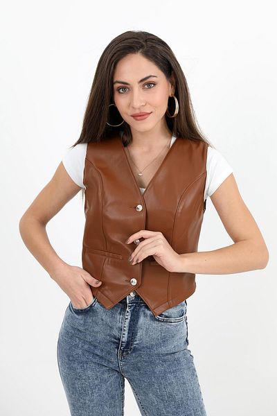 VAPUR TEKSTİL Tan Leather Vest - Fleto Pocket