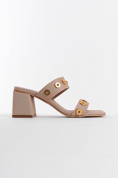 Capone Outfitters Blunt Toe Double Banded Mid-Heeled Women's Slippers with Metal Accessories