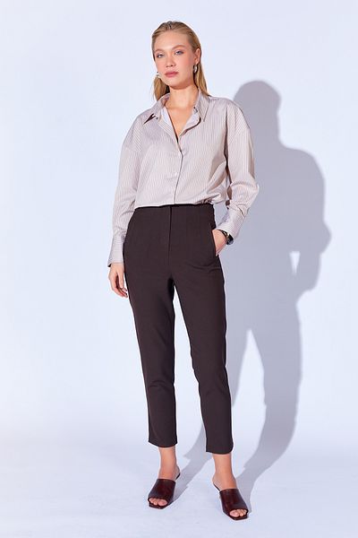 EDITION WOMAN High Waist Lycra Viscose Women's Trousers - Brown, Collared Stretch Narrow Leg Ek 100669246