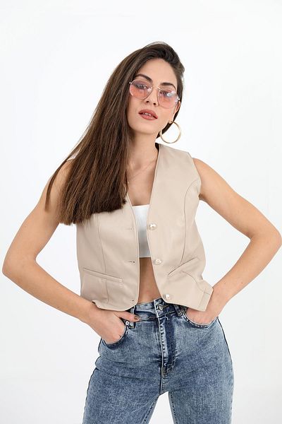 VAPUR TEKSTİL Stone Colored Fleto Pocket Leather Vest