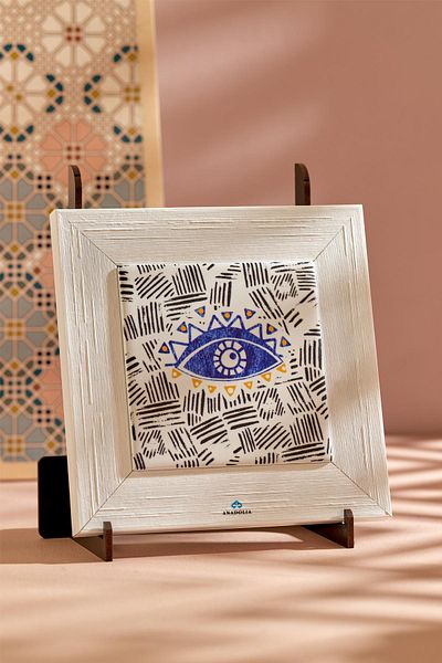 Anadolia Tablou din ceramică cu cadru alb cu motiv negru Evil Eye