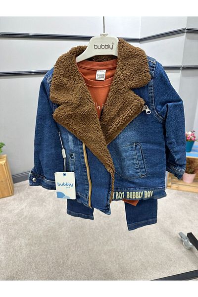 Bubbly Boy's Plush Inside Side Zipper Jeans Jacket Set of 3