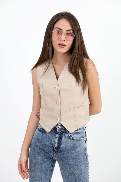 VAPUR TEKSTİL Stone Colored Fleto Pocket Leather Vest