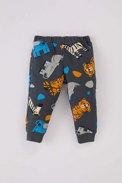 DeFacto Dfc - Crew Neck Animal Patterned Sweatshirt and Elastic Waist Bottom Set of 2 for Baby Boy