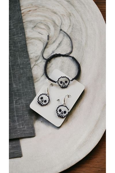 Atolye Ferda Haloween Skull Themed Miyuki Earrings and Bracelet Set