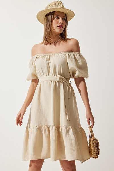 Lovelyİstanbul Rochie de muselină de vară cu guler Carmen CREAM LMX0063