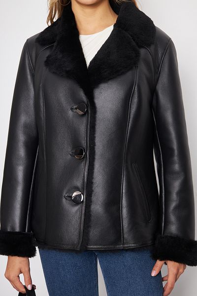 By Marki Marki Black Leather Coat - 73 Cm, Genuine Fur, Button Closure, Vintage Classic Model