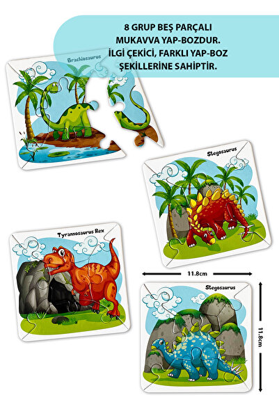 piapolya Dinozorlar | Beş Parçalı Yapboz | Ham Bez Kese Içinde | 8 Grup | 40 Parça | Mukavva