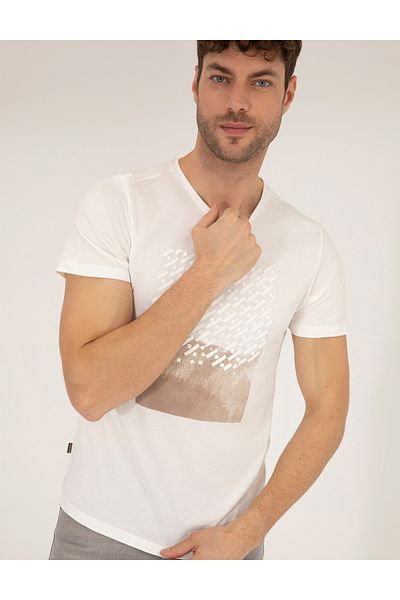 Pierre Cardin Ecru Slim Fit εμπριμέ μπλουζάκι με λαιμόκοψη 50264716-VR019