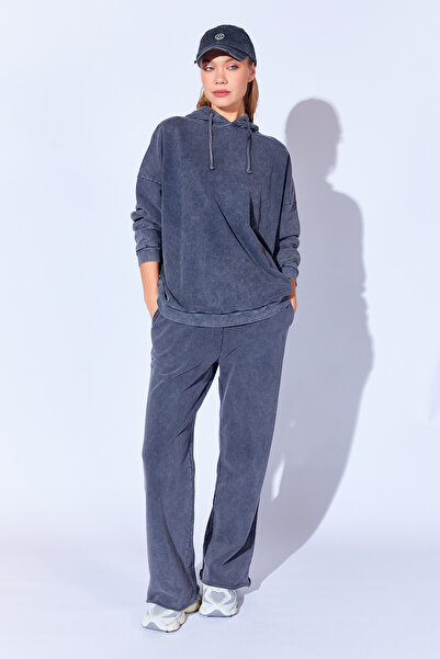 Manche Eskitme soluk efektli yıkamalı oversize kalın üç iplik kadın Sweatshirt | Antrasit MKW279354-01