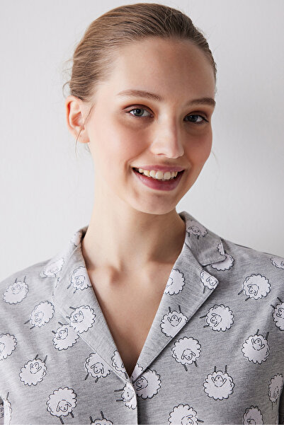 Penti Cute Sheeps Gri Düğmeli Gömlek Pantolon Pijama Takımı