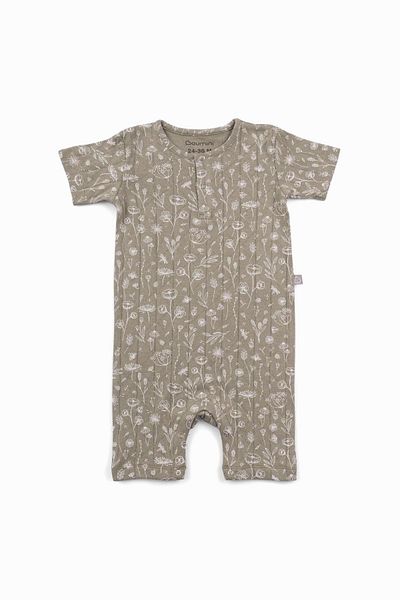 Boumini Khaki Colored Spring Floral Patterned Cotton Baby Romper - Short Sleeve Shorts
