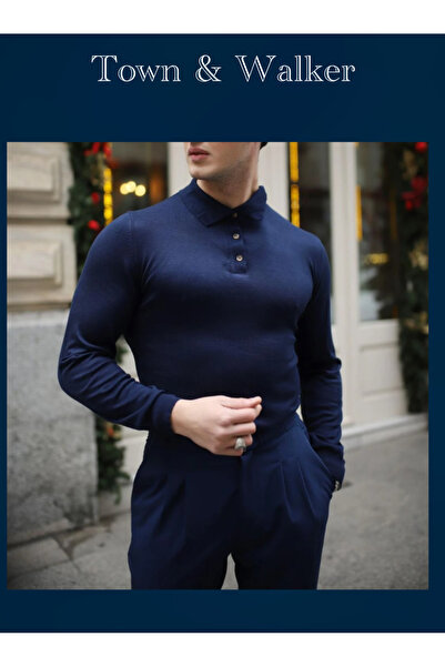 town walker Erkek Polo Yaka Düğmeli Triko Kazak Old Money