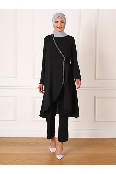 Refka Black Stone Striped Stylish Tunic and Trousers Set - Refka
