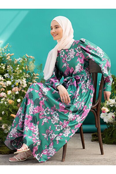 Refka Green Satin Hijab Dress - Floral Pattern and Balloon Sleeve Refka