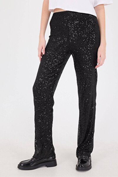 Addax Lined Elastic Waist Sequined Wide Leg Trousers Pn8228-E2